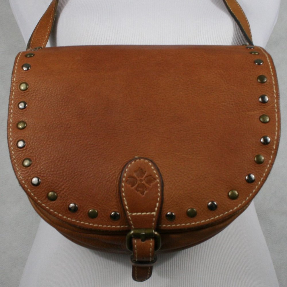 Patricia Nash Brown Italian Pebble Leather Crossbody Saddle Bag w/ Rivets VGC - Picture 2 of 14